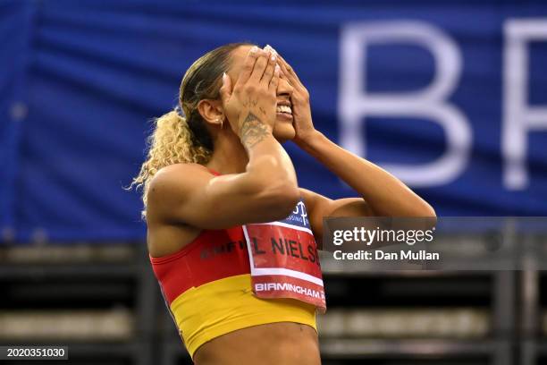 Gold medalist, Laviai Nielsen of Great Britain, reacts after victory in the Women's 400m Final during day two of the 2024 Microplus UK Athletics...