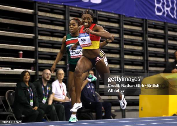 Gold medalist, Ama Pipi of Great Britain, crosses the line in the Women's 200m Final during day two of the 2024 Microplus UK Athletics Indoor...