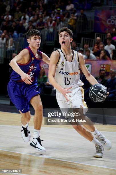 Biel Ruiz of FC Barcelona and Pablo Mera of Real Madrid in action during the Finals of Mini Copa Endesa 2024 match between FC Barcelona and Real...