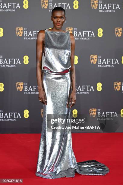 Sheila Atim arrives at the EE BAFTA Film Awards 2024 at The Royal Festival Hall on February 18, 2024 in London, England.