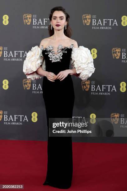 Lily Collins attends the EE BAFTA Film Awards 2024 at The Royal Festival Hall on February 18, 2024 in London, England.