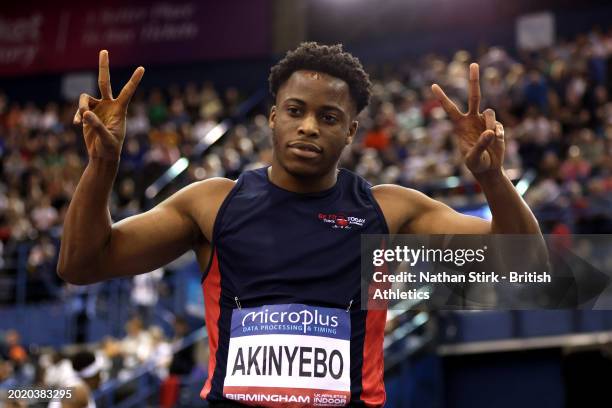 Gold medalist, Richard Akinyebo of Great Britain, celebrates victory in the Men's 200m Final during day two of the 2024 Microplus UK Athletics Indoor...