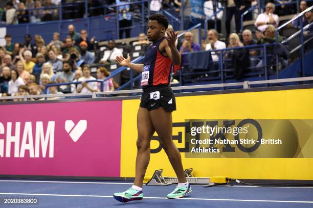 Gold medalist, Richard Akinyebo of Great Britain, celebrates victory in the Men's 200m Final during day two of the 2024 Microplus UK Athletics Indoor...