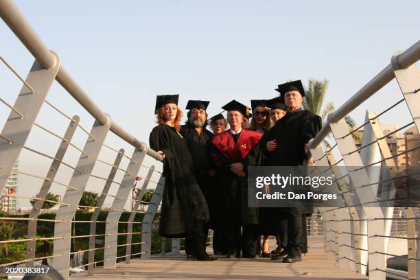 Group portrait of Gesher Theater personnel at the Bar Ilan University Board of Trustees annual meeting, Ramat Gan, Israel, June 6, 2006. Pictured...