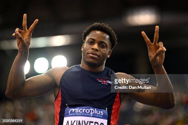 Gold medalist, Richard Akinyebo of Great Britain, celebrates victory in the Men's 200m Final during day two of the 2024 Microplus UK Athletics Indoor...