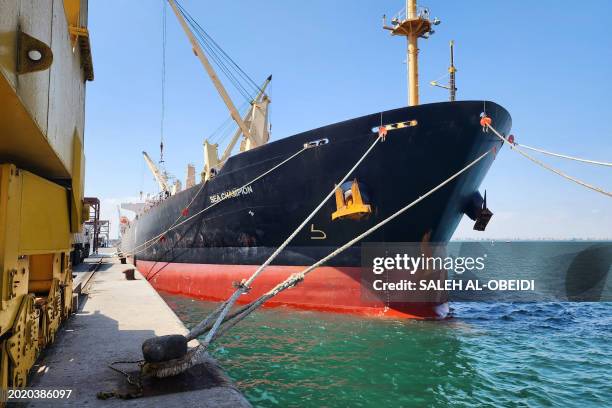 Owned, Greek-flagged ship Sea Champion is pictured in the southern port city of Aden, which lies in the areas under the control of Yemen's...