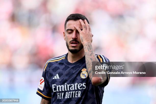 Joselu Mato of Real Madrid CF reacts during the LaLiga EA Sports match between Rayo Vallecano and Real Madrid CF at Estadio de Vallecas on February...