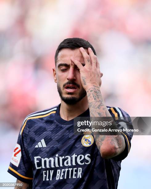 Joselu Mato of Real Madrid CF reacts during the LaLiga EA Sports match between Rayo Vallecano and Real Madrid CF at Estadio de Vallecas on February...