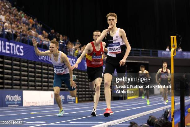 Silver medalist, Callum Elson , Bronze medalist, Adam Fogg , and Gold medalist, Piers Copeland of Great Britain cross the line in the Men's 1500m...