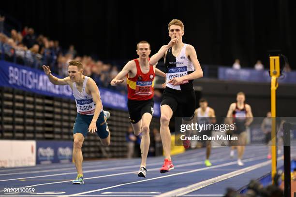 Silver medalist, Callum Elson , Bronze medalist, Adam Fogg , and Gold medalist, Piers Copeland of Great Britain cross the line in the Men's 1500m...