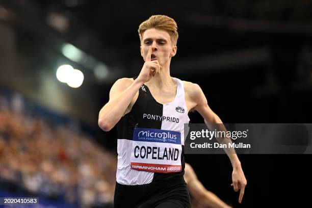 Gold medalist, Piers Copeland of Great Britain, celebrates after crossing the line in the Men's 1500m Final during day two of the 2024 Microplus UK...