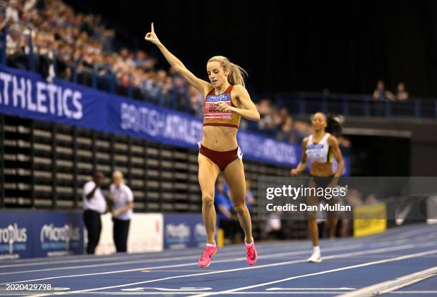 Gold medalist, Georgia Bell of Great Britain, crosses the line in the Women's 1500m Final during day two of the 2024 Microplus UK Athletics Indoor...