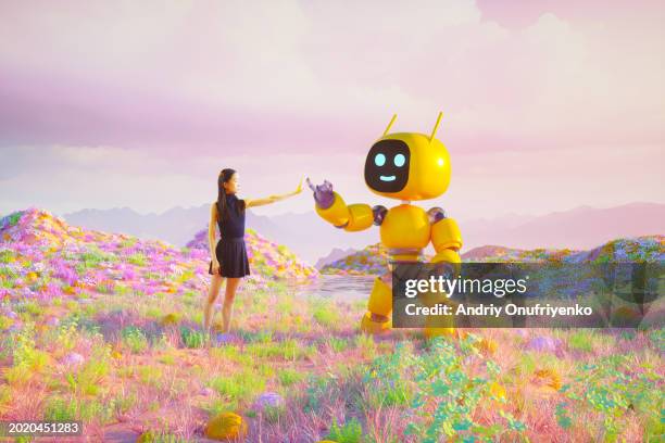 robot meet human - humano-robot fotografías e imágenes de stock