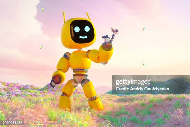 robot holding butterfly - fantaisie photos et images de collection
