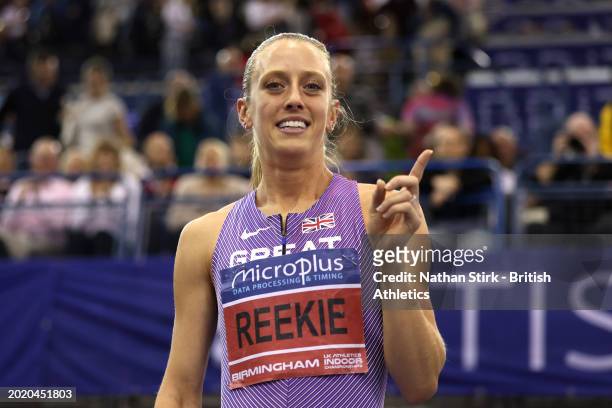 Gold medalist, Jemma Reekie of Great Britain, celebrates victory in the Women's 800m Final during day two of the 2024 Microplus UK Athletics Indoor...