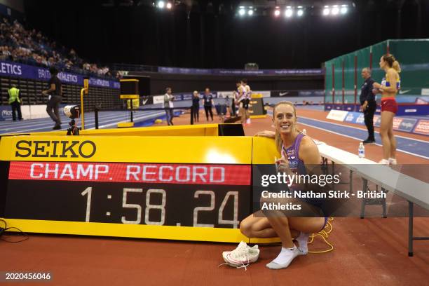 Gold medalist, Jemma Reekie of Great Britain, poses for a photo after setting a new championship record in the Women's 800m Final during day two of...