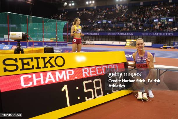 Gold medalist, Jemma Reekie of Great Britain, poses for a photo after setting a new championship record in the Women's 800m Final during day two of...