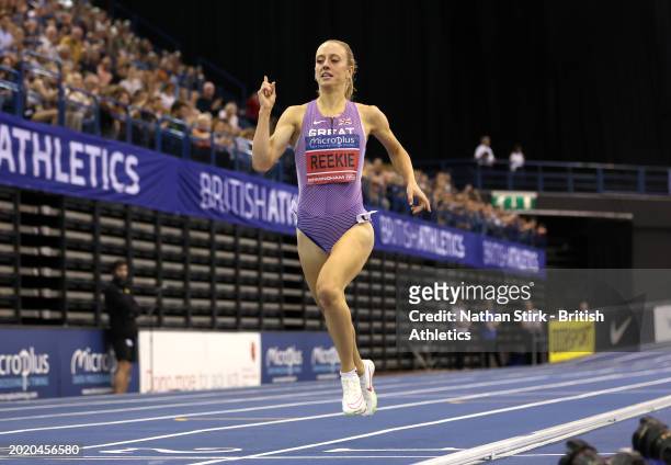 Gold medalist, Jemma Reekie of Great Britain, crosses the line in the Women's 800m Final during day two of the 2024 Microplus UK Athletics Indoor...