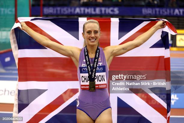 Gold medalist, Jemma Reekie of Great Britain, celebrates victory in the Women's 800m Final during day two of the 2024 Microplus UK Athletics Indoor...