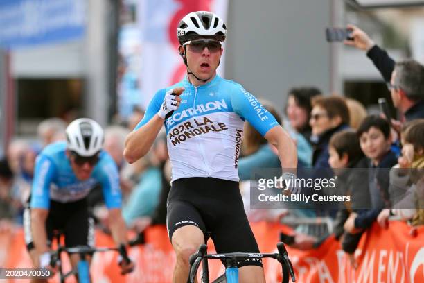 Benoit Cosnefroy of France and Team Decathlon AG2R La Mondiale celebrates at finish line as stage winner during the 56th Tour des Alpes Maritimes et...