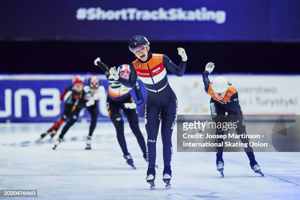 Michelle Velzeboer of Netherlands finishes first in the Women's 500m final during the ISU World Cup Short Track at Hala Olivia on February 18, 2024...