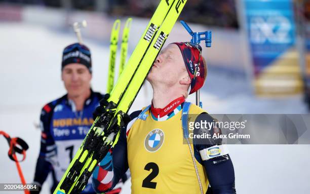 Johannes Thingnes Boe of Norway celebrates after competing in Men's 15KM Mass Start at the IBU World Championships Biathlon Nove Mesto na Morave on...