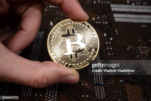 fintech cryptocurrency - bitcoin - printed circuit b stock pictures, royalty-free photos & images
