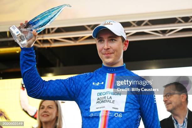 Benoit Cosnefroy of France and Team Decathlon AG2R La Mondiale celebrates at podium as Blue Leader Jersey winner during the 56th Tour des Alpes...