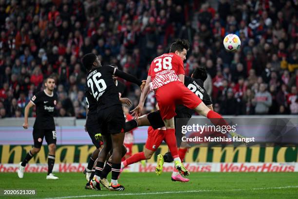 Michael Gregoritsch of SC Freiburg scores his team's third goal during the Bundesliga match between Sport-Club Freiburg and Eintracht Frankfurt at...
