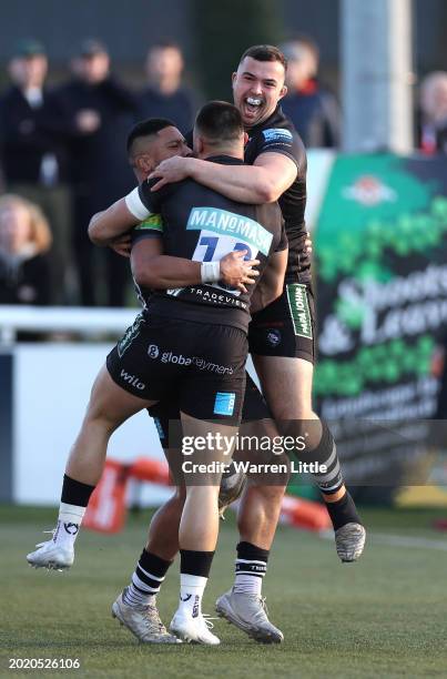 Phil Cokanasiga of Leicester Tigers celebrates scoring a try during the Premiership Rugby Cup match between Ealing Trailfinders and Leicester Tigers...