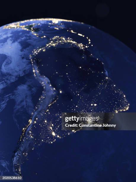 south america continent night lights view from space - südamerika stock-fotos und bilder