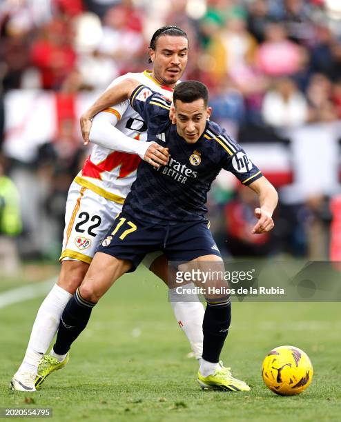 Lucas Vazquez player of Real Madrid fights for the ball during the LaLiga EA Sports match between Rayo Vallecano and Real Madrid CF at Estadio de...