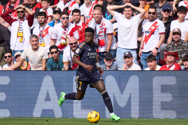 Vinicius Junior of Real Madrid CF runs with the ball during the LaLiga EA Sports match between Rayo Vallecano and Real Madrid CF at Estadio de...
