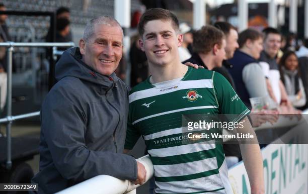 Stuart Lancaster, former Head of England rugby poses with his son, Dan Lancaster after the Premiership Rugby Cup match between Ealing Trailfinders...