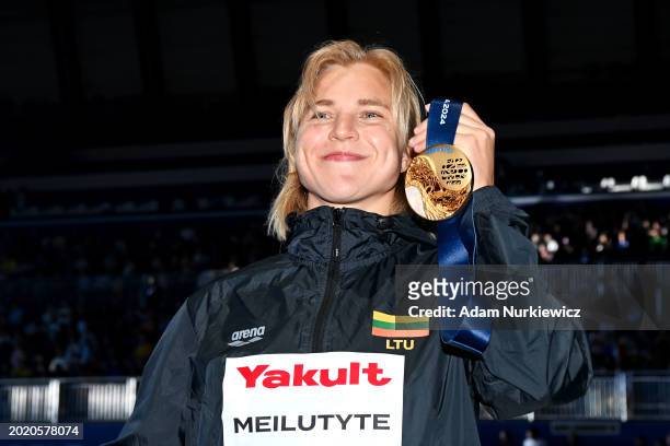 Gold Medalist, Ruta Meilutyte of Team Lithuania poses with her medal after the Medal Ceremony for the Women's 50m Breaststroke Final on day seventeen...