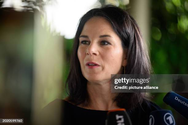 February 2024, Brazil, Rio De Janeiro: Annalena Baerbock , Foreign Minister, speaks to media representatives about her trip at the Fairmont Rio de...