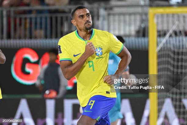 Rodrigo of Brazil celebrates after scoring the opening goal during the FIFA Beach Soccer World Cup UAE 2024 Group D match between Brazil and Portugal...