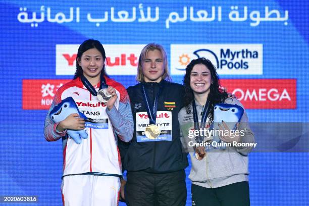 Silver Medalist, Qianting Tang of Team People's Republic of China, Gold Medalist, Ruta Meilutyte of Team Lithuania and Bronze Medalist, Benedetta...