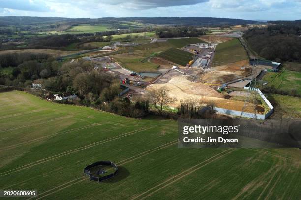 An aerial view of a sinkhole near to the HS2 Chiltern tunnel north portal works at South Heath on February 18, 2024 in Great Missenden, England. Two...