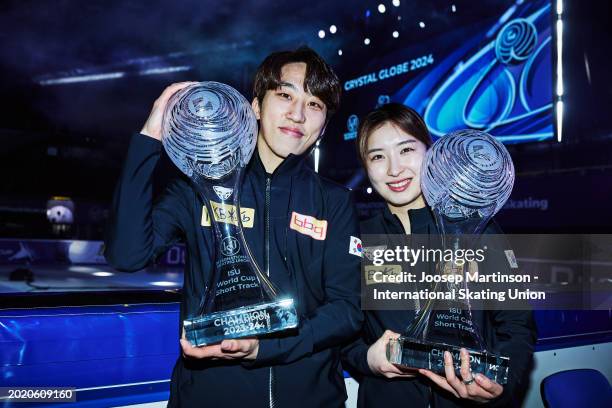 Ji Won Park of Korea and Gilli Kim of Korea pose with Crystal Globe after the ISU World Cup Short Track at Hala Olivia on February 18, 2024 in...