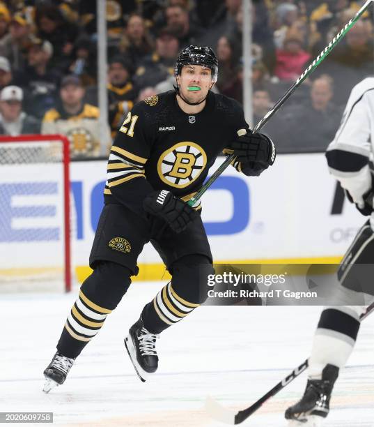 James van Riemsdyk of the Boston Bruins skates against the Los Angeles Kings during the third period at the TD Garden on February 17, 2024 in Boston,...