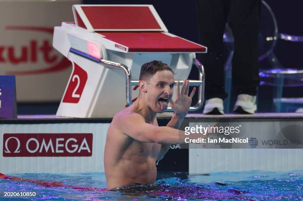 Lewis Clareburt of New Zealand celebrates victory in the Men 400m IM final on day seventeen of the Doha 2024 World Aquatics Championships at Aspire...