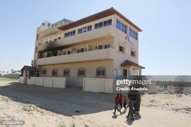 View of a damaged building, belonged to medical charity Doctors Without Borders , following the Israeli attack in al-Mawasi, Khan Yunis, Gaza on...