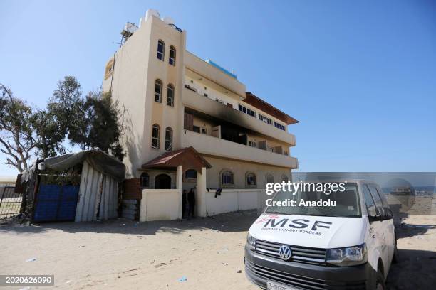 View of a damaged building, belonged to medical charity Doctors Without Borders , following the Israeli attack in al-Mawasi, Khan Yunis, Gaza on...