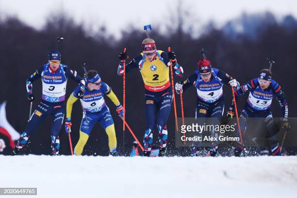 Johannes Thingnes Boe of Norway leads the field during the Men's 15KM Mass Start at the IBU World Championships Biathlon Nove Mesto na Morave on...