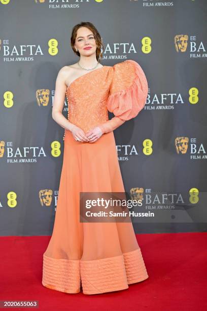 Emma Stone attends the 2024 EE BAFTA Film Awards at The Royal Festival Hall on February 18, 2024 in London, England.