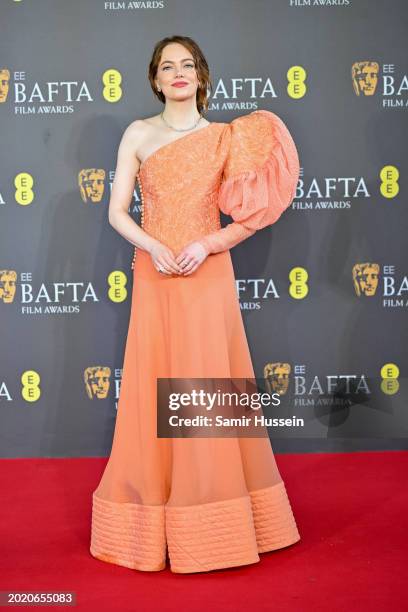 Emma Stone attends the 2024 EE BAFTA Film Awards at The Royal Festival Hall on February 18, 2024 in London, England.