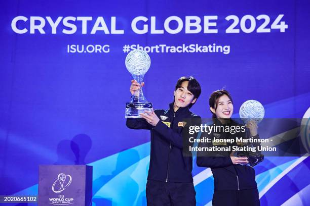 Ji Won Park and Gilli Kim of Korea pose with the Crystal Globe during the ISU World Cup Short Track at Hala Olivia on February 18, 2024 in Gdansk,...