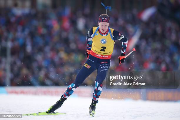 Johannes Thingnes Boe of Norway competes during the Mass Start Men at the IBU World Championships Biathlon Nove Mesto na Morave on February 18, 2024...