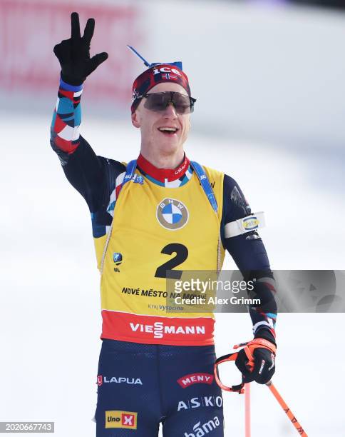 Johannes Thingnes Boe of Norway celebrates as he crosses the line after competing in Men's 15KM Mass Start at the IBU World Championships Biathlon...